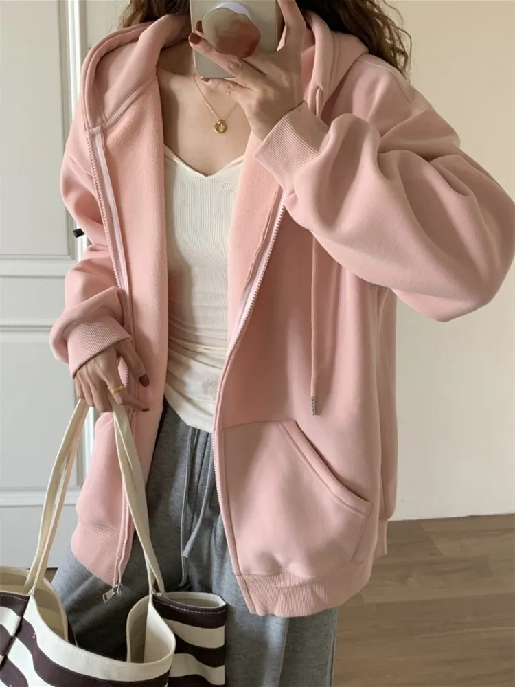 

Korean style Spring Autumn Women Coat Pink Hooded Zipper Lazy Style Cardigan Casual Versatile Age Reducing College Style Jacket