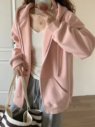 Korean style Spring Autumn Women Coat Pink Hooded Zipper Lazy Style Cardigan Casual Versatile Age Reducing College Style Jacket