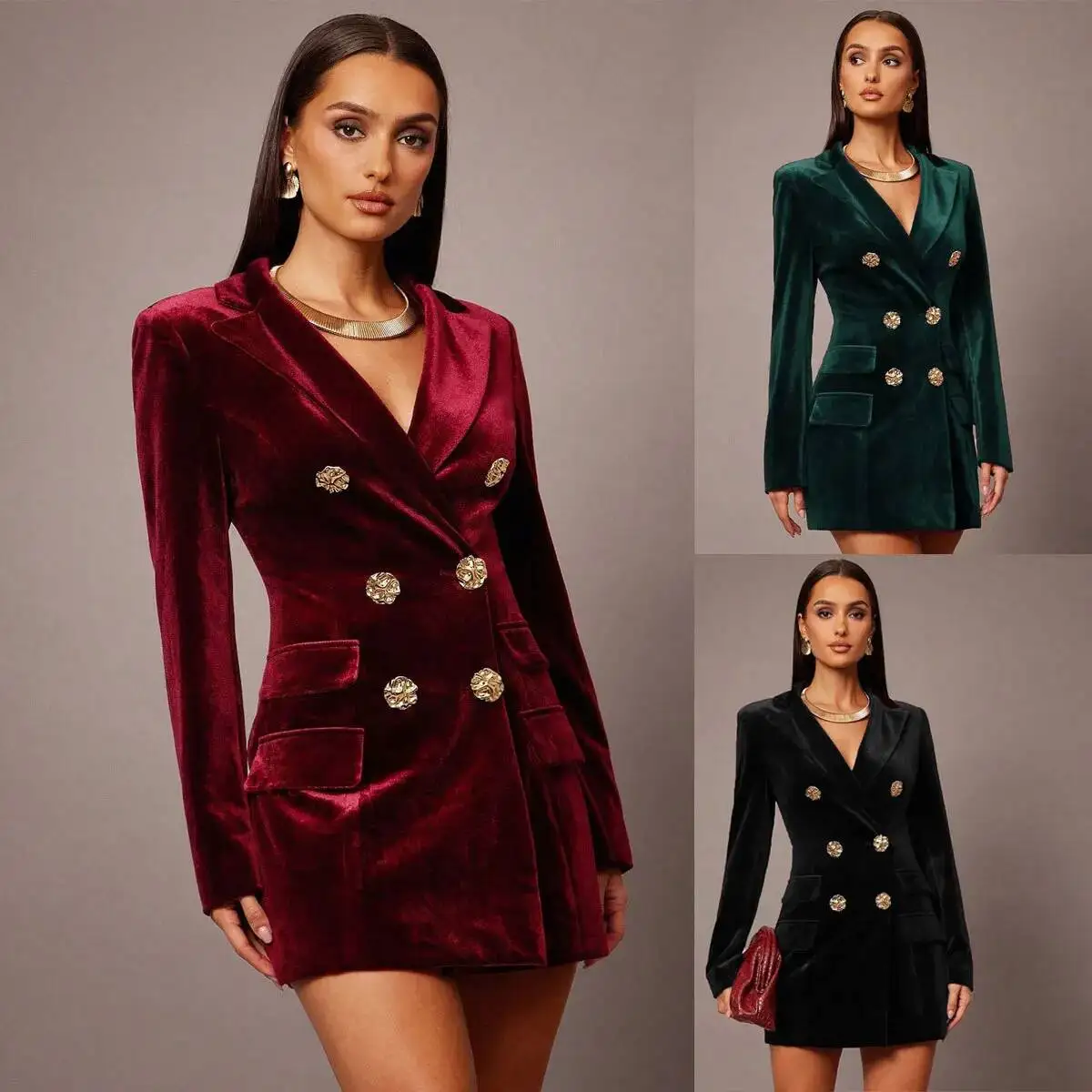 

Elegant Velvet Double Breasted Buckle Women's Jacket Fashion Basics Formal Casual Office Lady Slim Fit Suit Dress