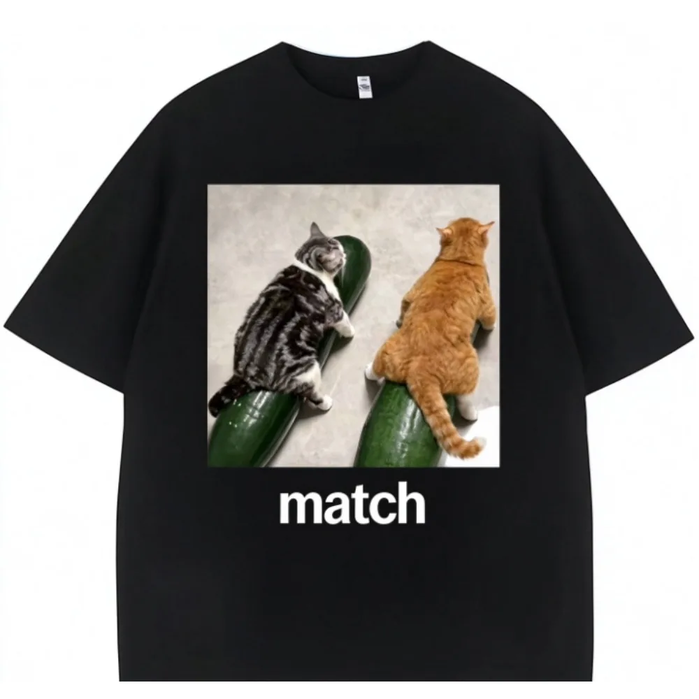 Hilarious Two Cats Racing On Cucumbers Match Meme T Shirt Funny Viral Graphic Casual Loose Fit Unisex Short Sleeve Streetwear