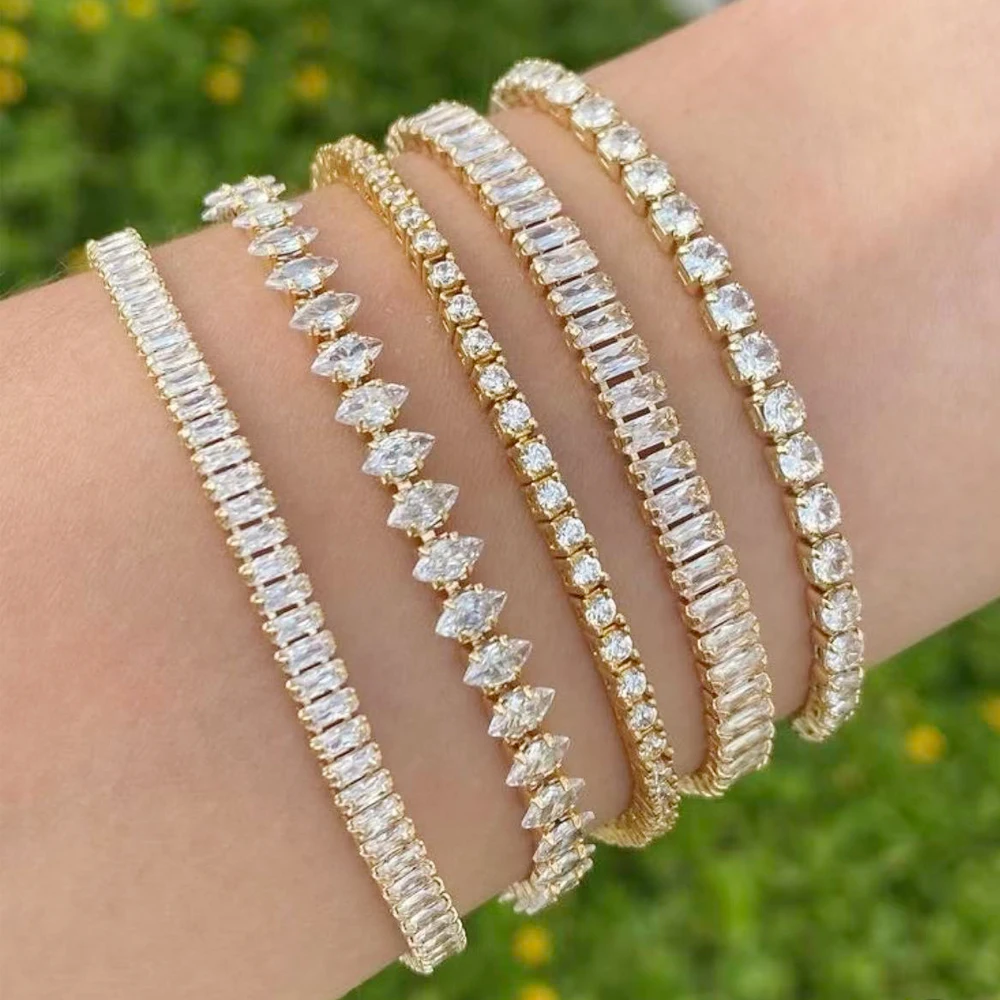 Pulseras de tenis de circonita cúbica brillante para mujer, cadena de Color dorado apilable y delicada de lujo, joyería de boda para banquete CZ de cristal