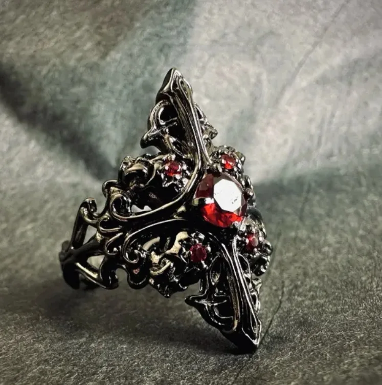 Gothic Punk Style Red Zircon Inlay Black Color Cross Adjustable Rings for Women Middle Ages Rings Party Jewelry Accessories