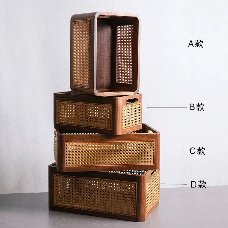 #Creative Japanese black walnut solid wood rattan storage basketdesktop coffee table bedside book sundries toy sorting storage b