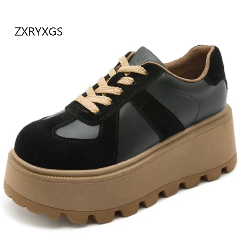 ZXRYXGS 2025 New Spring Kid Suede Lace-up Classic Retro Sneakers Increase Thick Sole High Heels Women Genuine Leather Shoes Tide