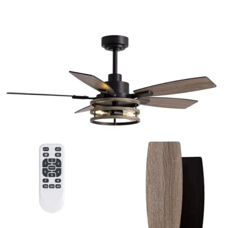 Farmhouse ceiling fan for bedroom, living room, and patio; metal black caged design; 46-inch indoor/outdoor use; integrated lig