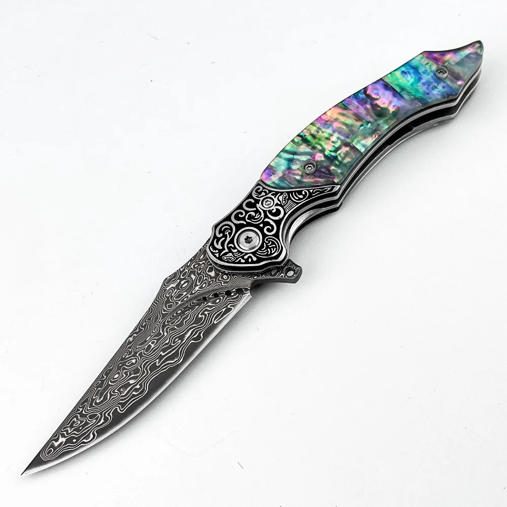 New Vintage Damascus Pattern Blade Folding Knife Iridescent Abalone Shell Handle Collectible Pocket Carry EDC Jungle Knife
