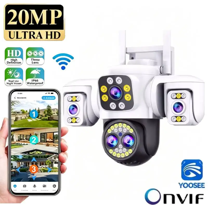 20MP Outdoor Waterproof Camera 10K Four Lens Triple Screen Monitor Night Vision Security PTZ WiFi CCTV Home YOOSEE Camera