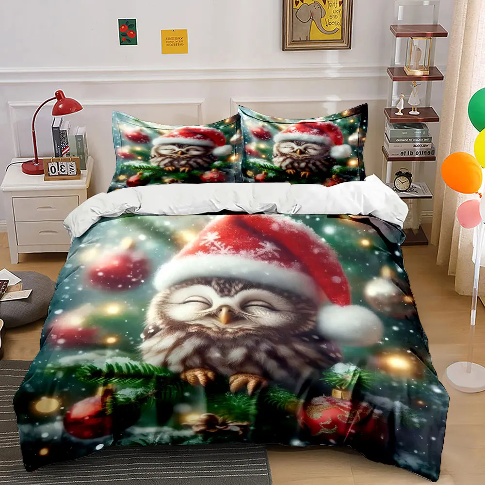 Festive Owl in Santa Hat on Decorated Pine Print Duvet Cover Bedding Set Included 1*Duvet Cover 2*Pillowcases Luxury gifts