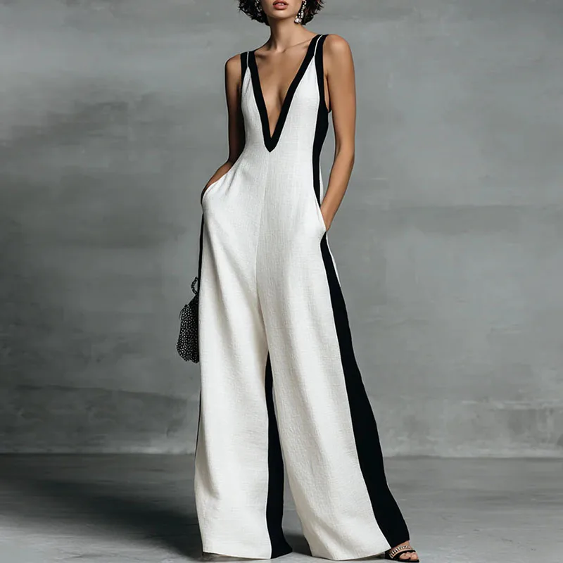 

Spring Summer Sleeveless Straps Vacation Jumpsuit Woman Sexy Deep V Neck Hollow Rompers New Elegant Striped Print Beach Overalls