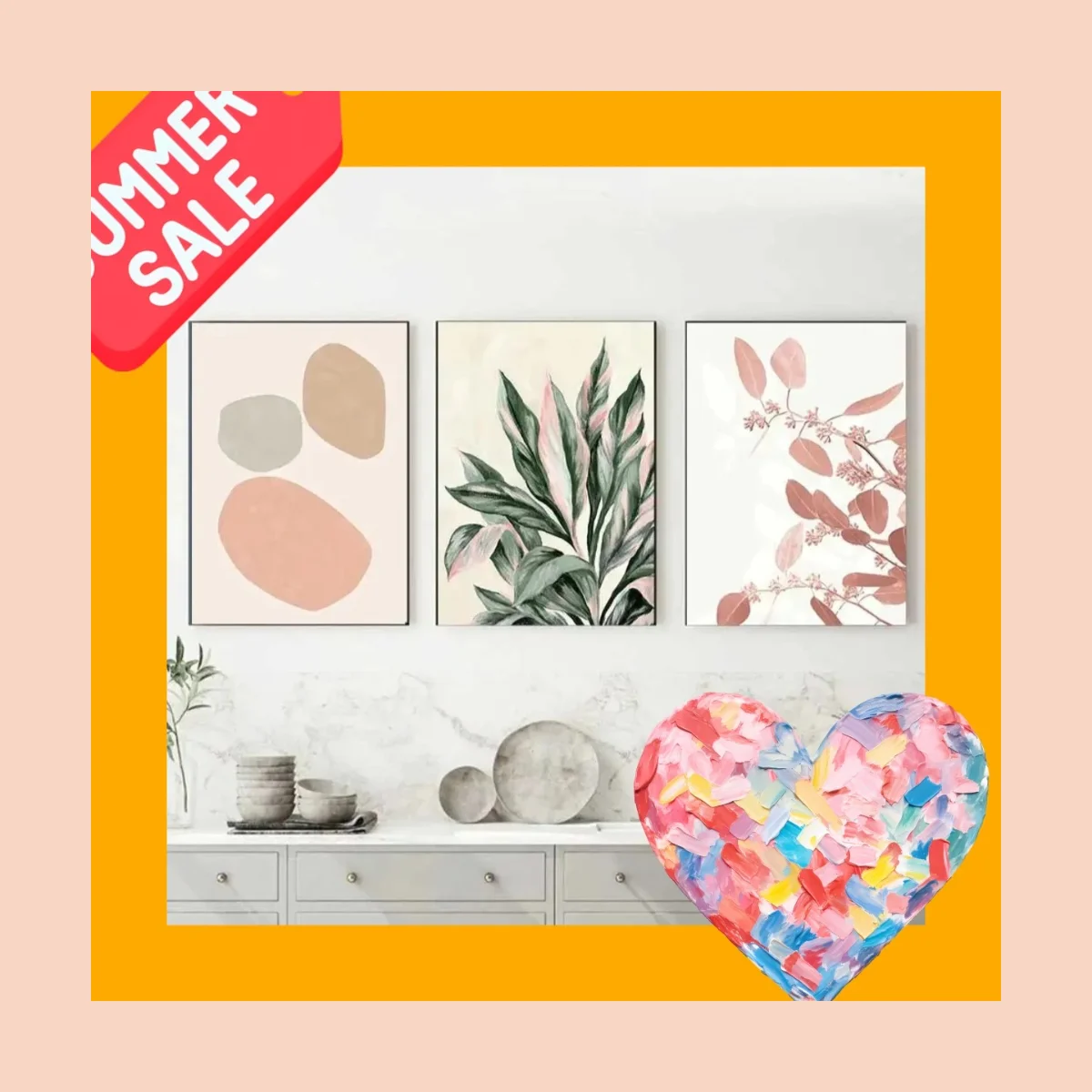 Pink Meets Green – Minimalist Geometric Plant Leaf Floral Frameless Canvas for Living Room Home Decor 2026