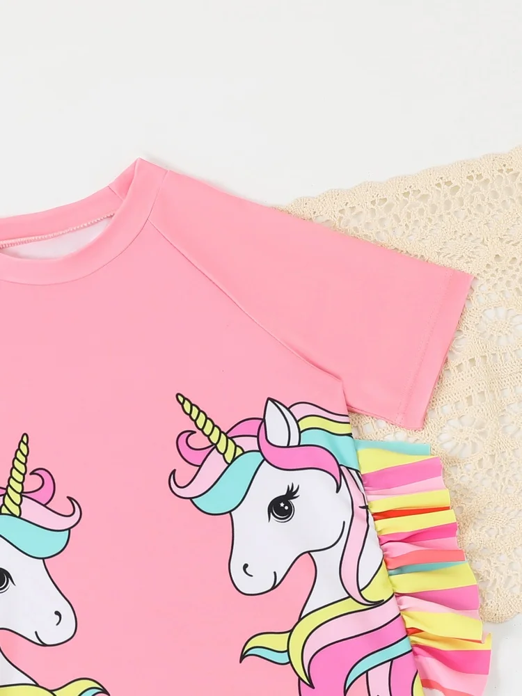 الفتيات الاطفال ملابس السباحة 2026 جديد الوردي قوس قزح الحصان قصيرة الأكمام ملابس سباحة للأطفال الصيف شريط السراويل الشاطئ ثوب السباحة السباحة #4