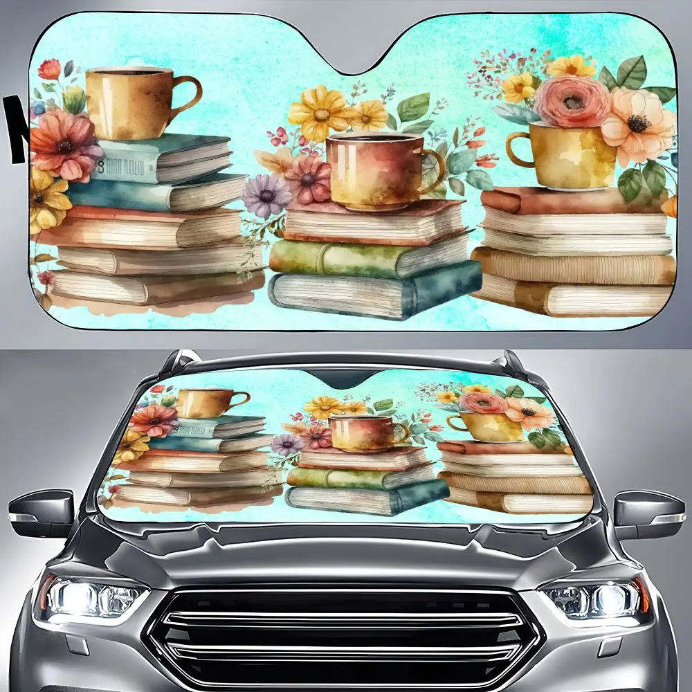 Watercolor Flower Book Car Interior Front Windshield Sun Shade, Auto Accessories Sunshade for SUV- Blocks Uv Rays Protector