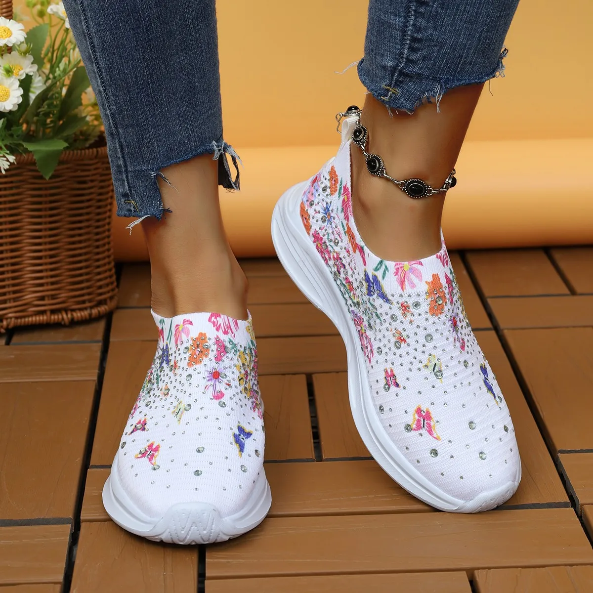 

Mesh Printed Sock Sneakers Women Rhinestone Knitted Breathable Flats Shoes Woman Comfort Non-Slip Walking Shoes Plus Size 43