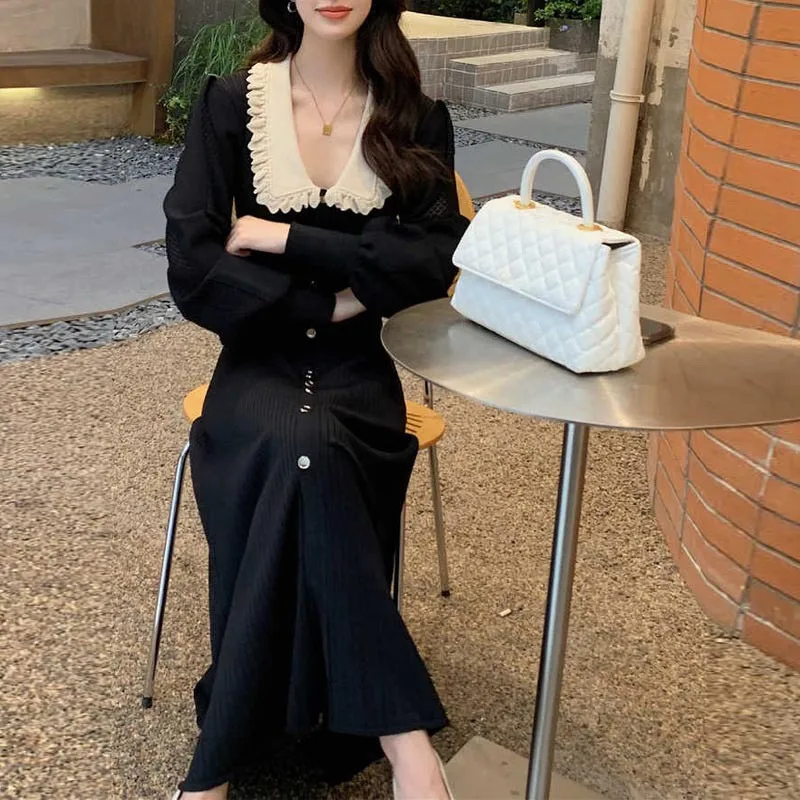 2024 Autumn Winter French Women Knitted Sweater Dress New High Quality Female Doll Collar Lantern Sleeve Slim Mermaid Outwear