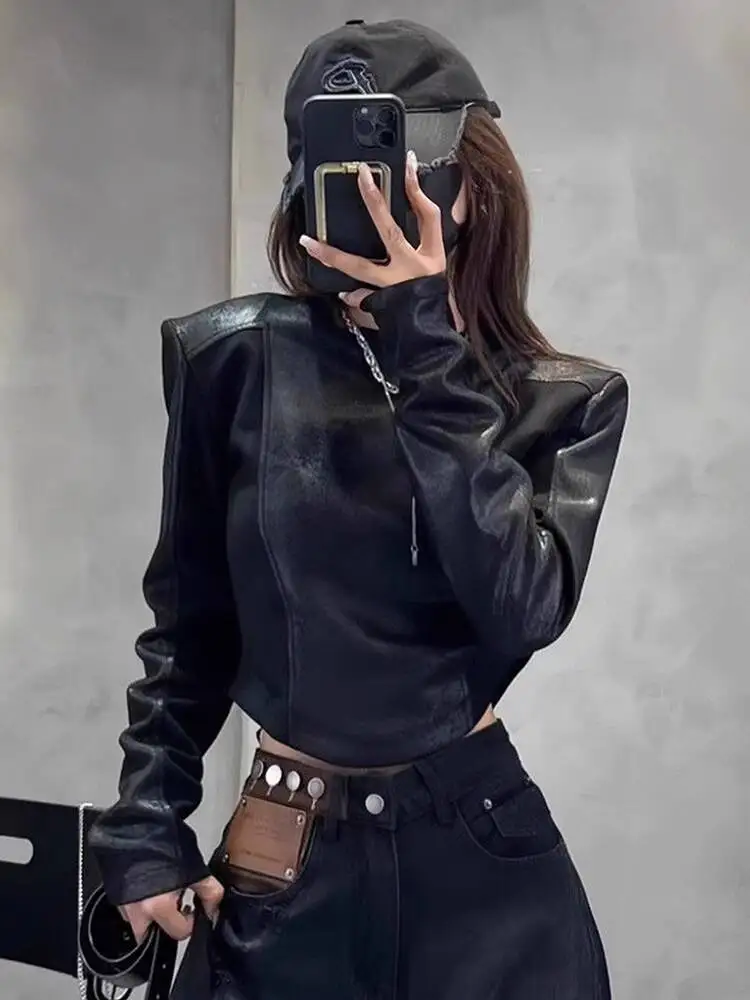 

Women Leather Jacket Crop Top 2025 Spring Autumn New Women's Retro Biker Long Sleeve Top Unique Patchwork Design Crop T Shirt