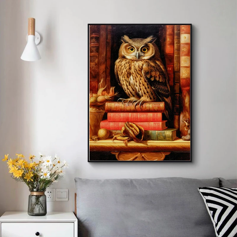 Black Owl Raven with Flower Poster Vintage Goth Style Animals Canvas Painting Wall Art  Picture for Living Room Home Decoration