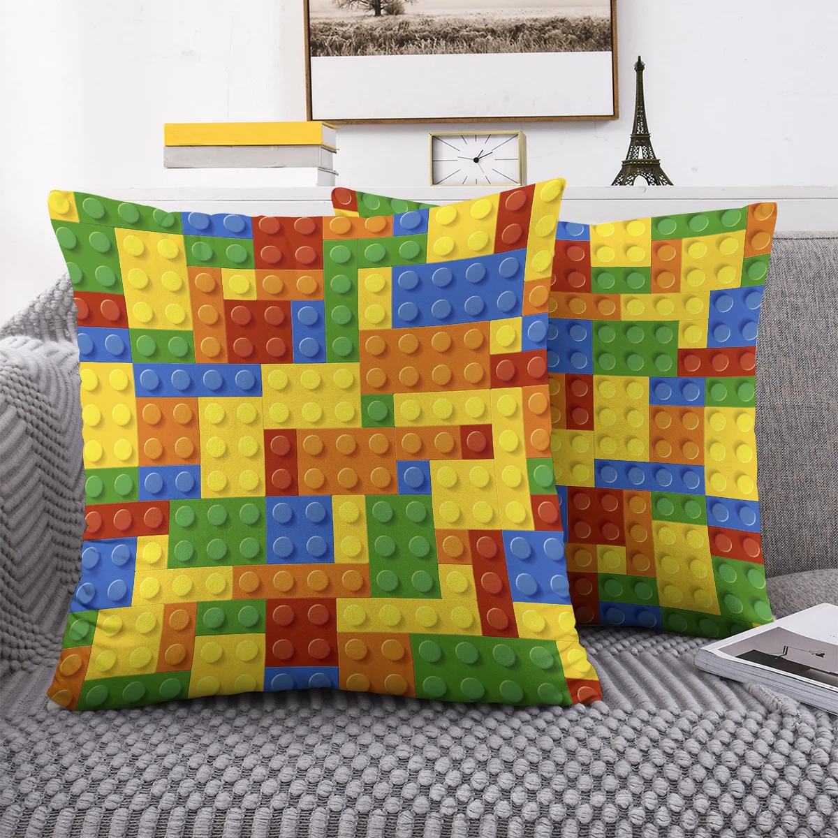 

2pcs Colorful Building Block Pattern Throw Pillow Covers - Durable Polyester 18x18 Inch Machine Washable, Single-Sided Print