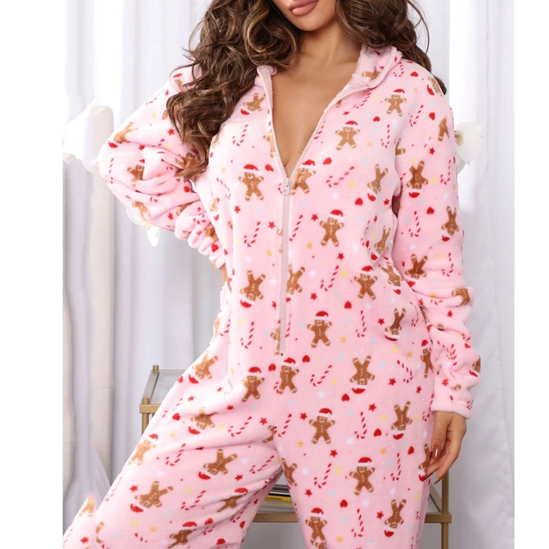 Christmas 1Piece for Women Fleece Hooded Jumpsuit Zipper Romper Comfy Gingerbread Man Pajamas Sleepwear