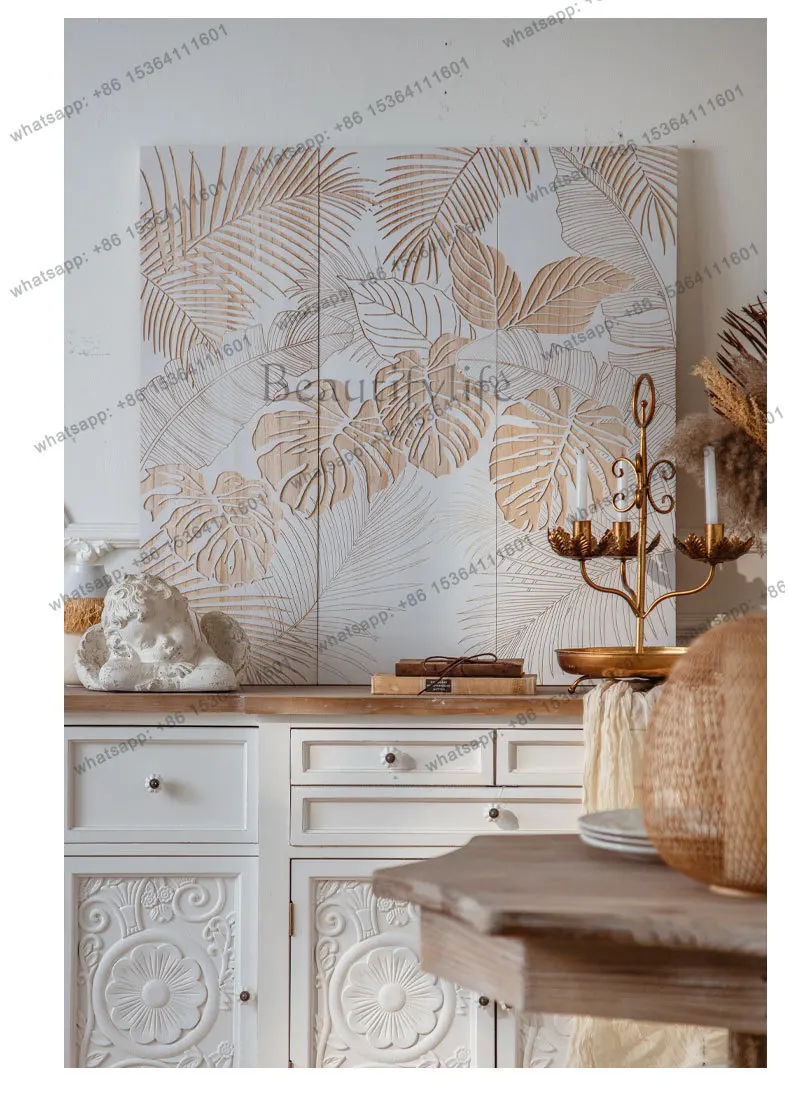 Moroccan all-solid wood carving hanging painting American rural retro triptych craft painting restaurant background wall