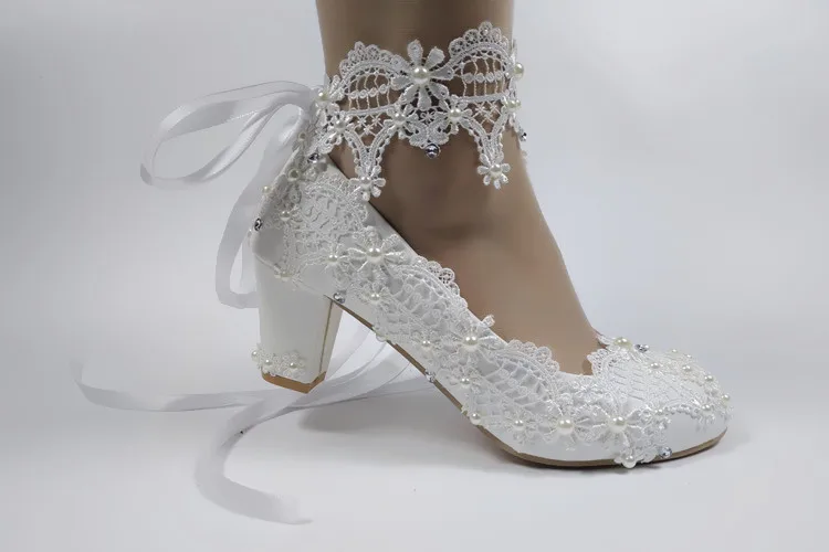 2024 New Customize  wedding shoes Bridesmaid Dress shoes Thick Heeled Med Heel Shoes white Lace shoes flower female shoes