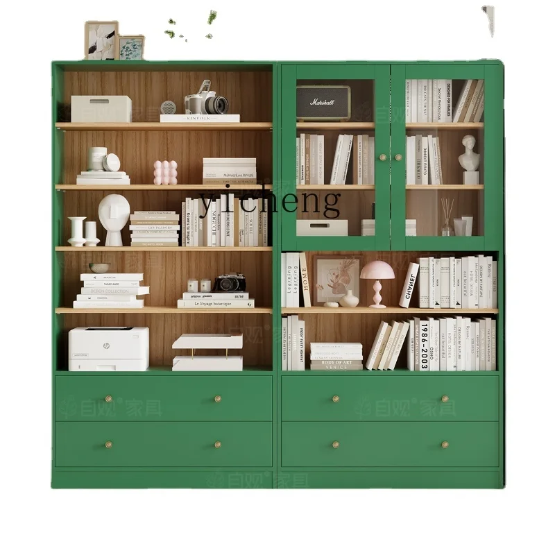 Yy Retro Green Bookcase Living Room Glass Door Dustproof High Cabinet Double Door Four-Door Combination