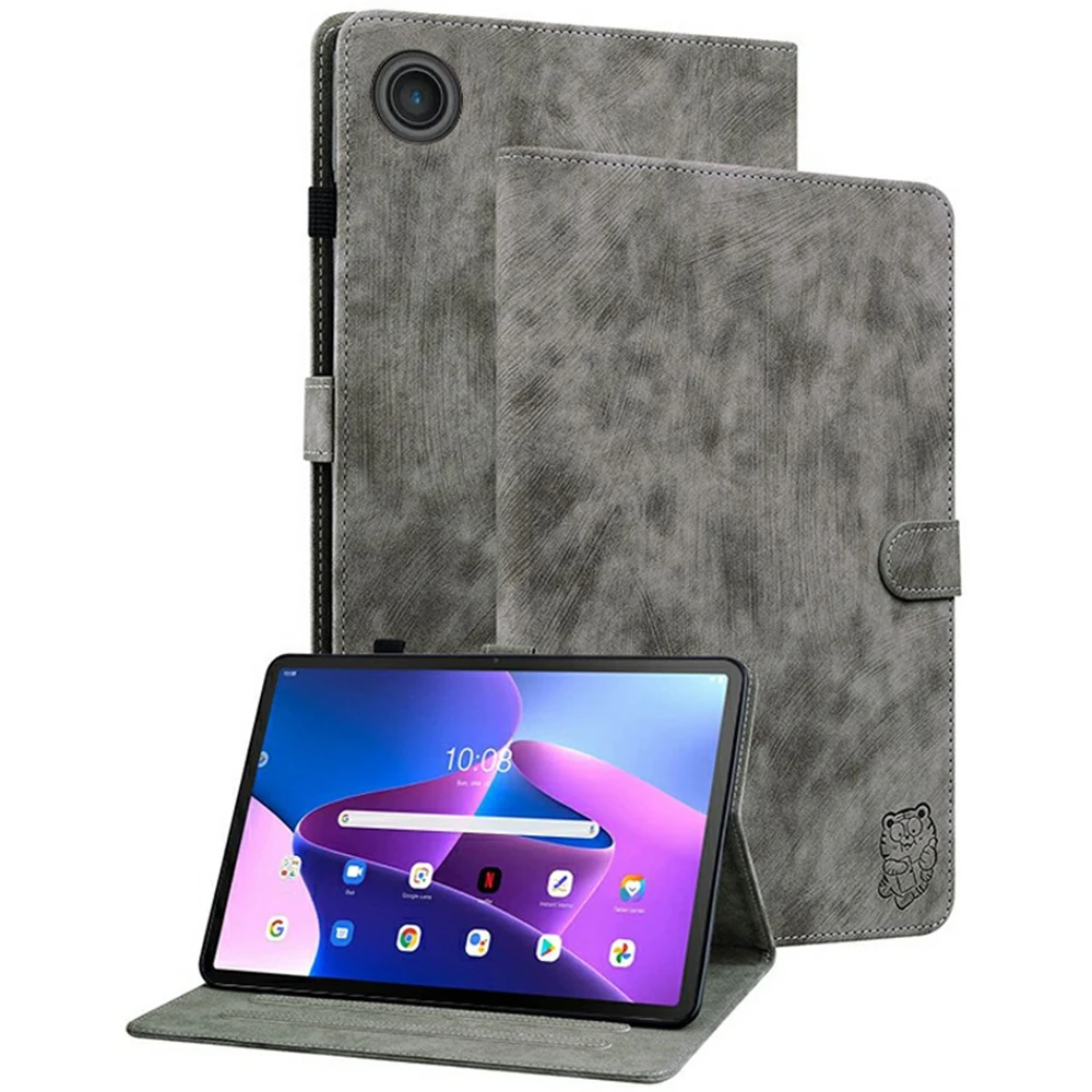 

For Lenovo Tab TB311FU Case Tiger Imprint Anti-Scratch PU Leather Tablet Cover - Grey