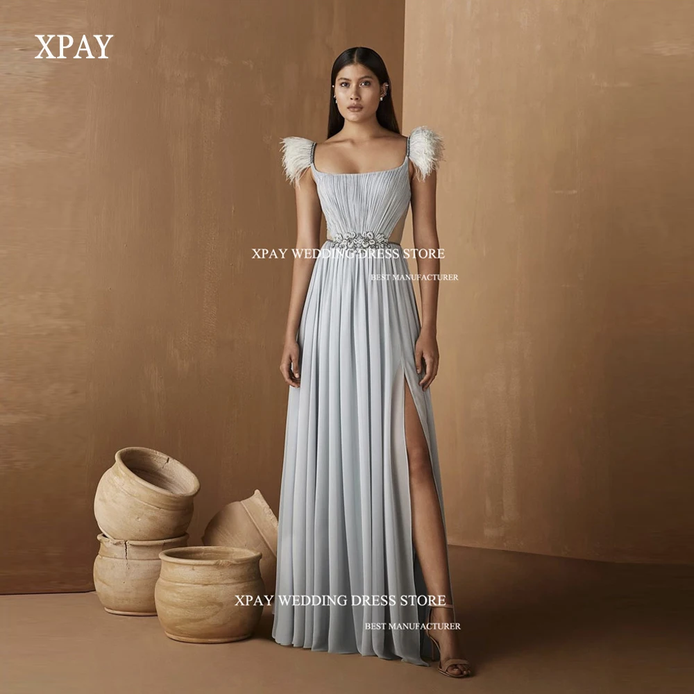 

XPAY Classic Chiffon Party Dresses Feathers Spaghetti Strap Split Dubai Arabia Women Evening Dresses Formal Prom gowns