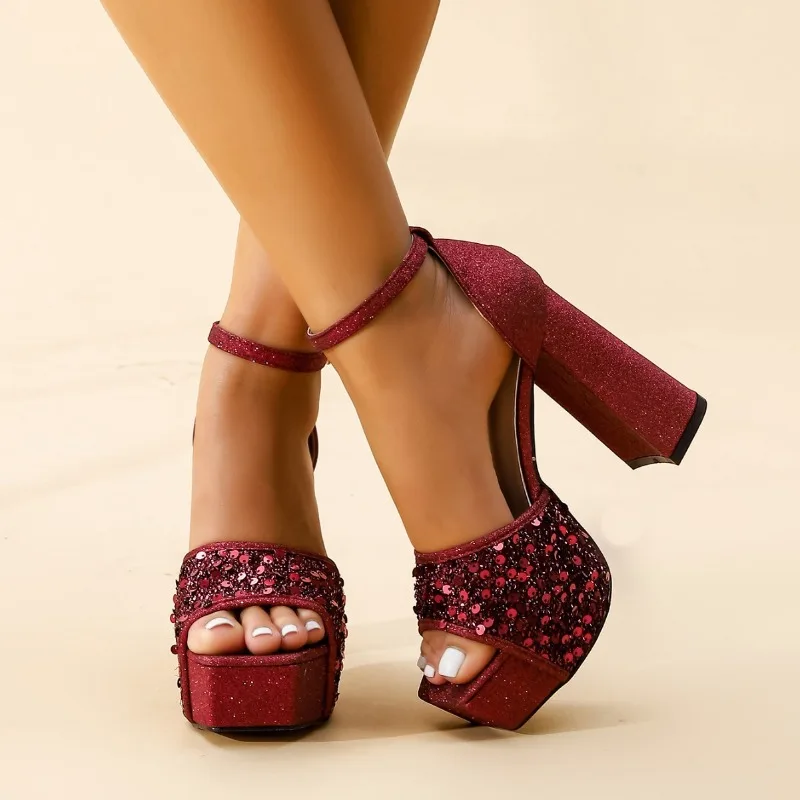 Champagne glitter glitter waterproof countertop thick heel square toe exposed toe buckle ankle strap high heels party dance