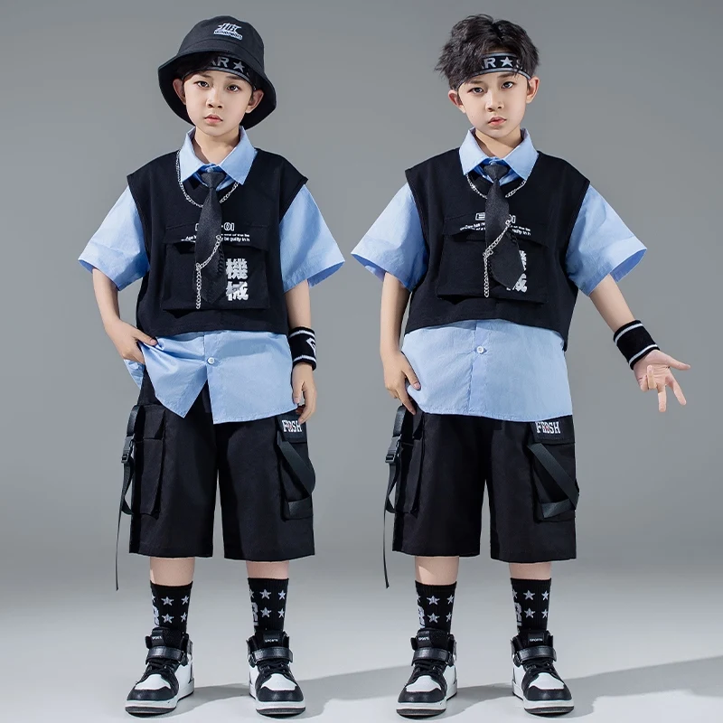 

2025 New Jazz Dance Costumes For Boys Black Vest Loose Shorts Outfits Girls Fashion Street Dance Hip Hop Rave Clothes DQS19548