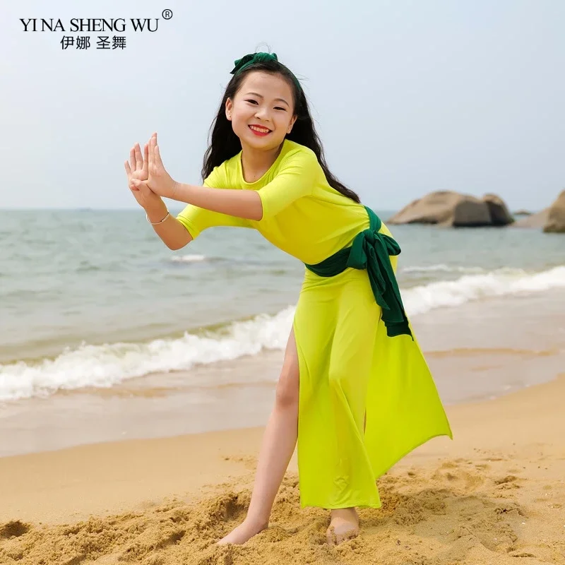 أطفال فتاة ملابس رقص البطن رداء + وشاح + حزام + سراويل داخلية 4 قطعة مجموعة الرقص الشرقي فستان طويل المنافسة دعوى أداء ارتداء #3