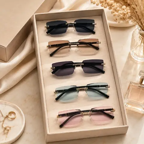 Rimless Cut Edge 5pcs Sunglasses Unisex Fashion Ocean Color Lens UV400 Anti‑Glare Driving Sun Glasses Men Women Trendy Rectangle Shades