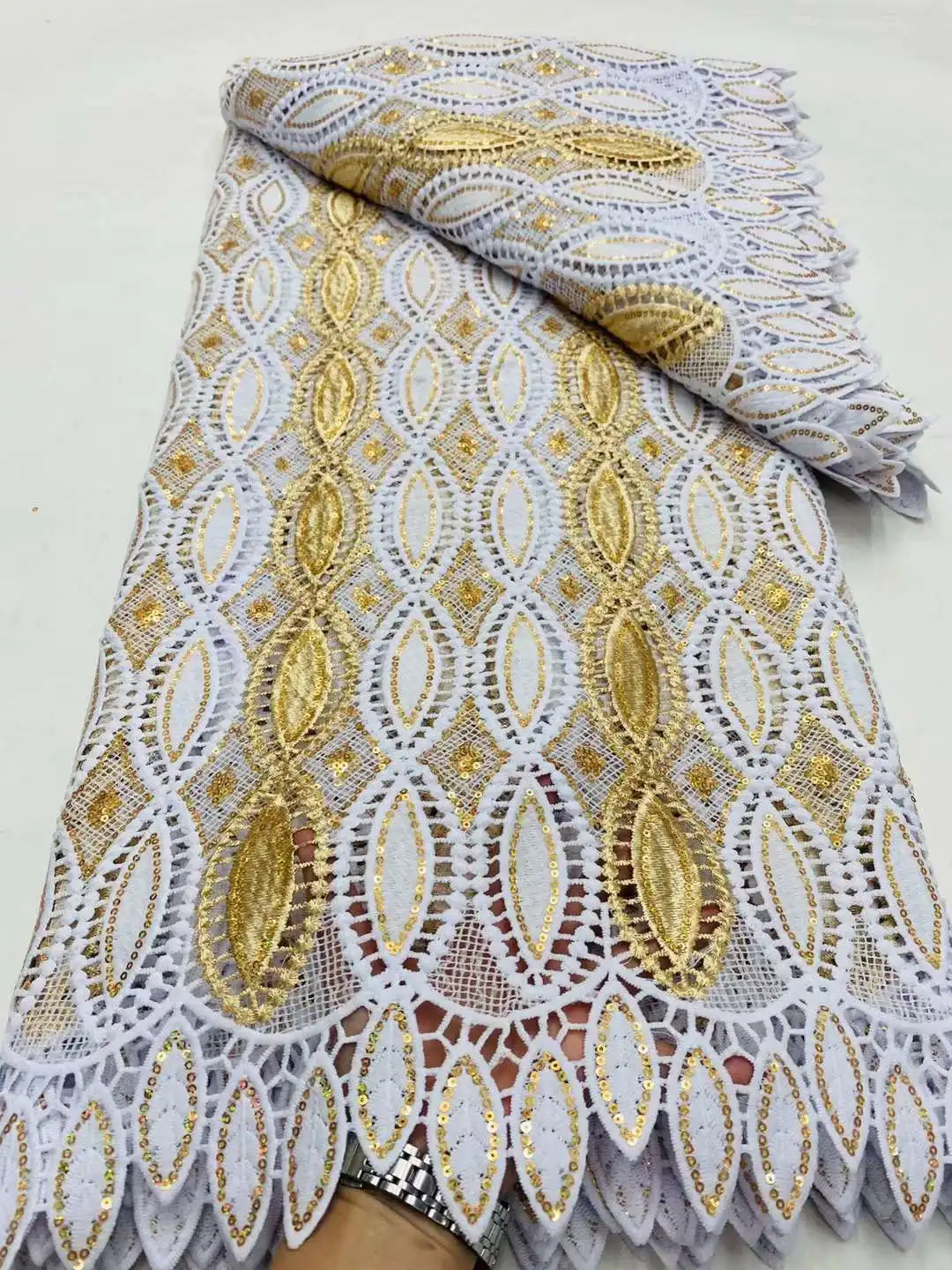 

High Quality African Guipure Cord Lace Fabric Nigerian White color Water Soluble Lace For Sewing Women Dresses