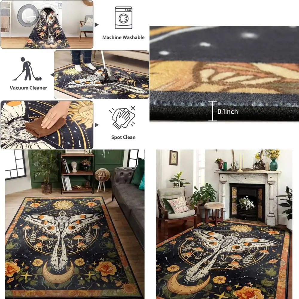 

Моющиеся ультратонкие коврики с мотивом мотыльков луны, в стиле бохо, с черным цветочным узором, винтажные, в стиле хиппи, небесные, модные, индийские, для спальни