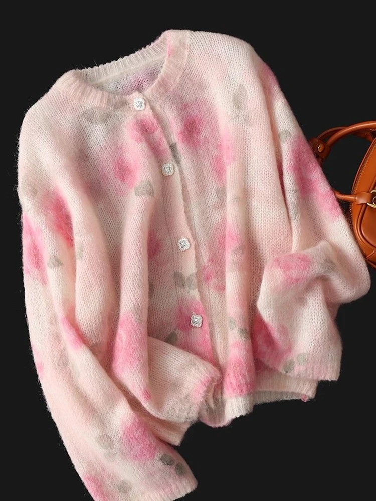 

Elegant Floral Sweet Cardigan Sweaters Women Long Sleeve Lazy Wind Vintage Knitted Coats Fall New O Neck Single Breasted Tops