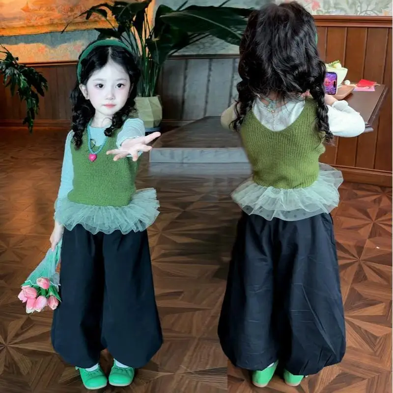 Sweet and Lovely Girl Three Piece Set 2026 Autumn New Item Baby Girl Long Sleeved T-Shirt Children's Spring and Autumn Vest Set