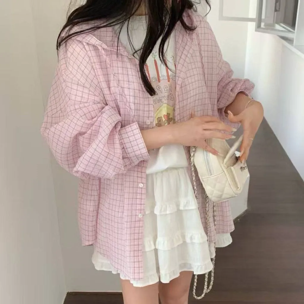 Chic Plaid Long Sleeve Loose Women's Shirt Summer Anti-Uv Hooded Thin Cotton Korean Style Straight Cut Casual Outerwear