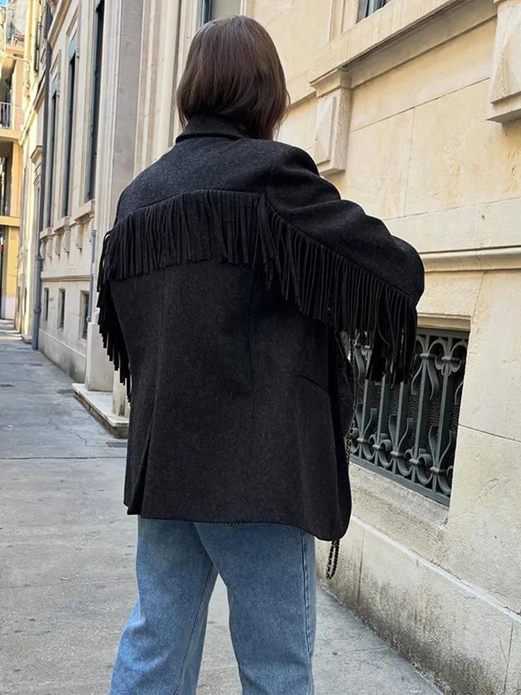 Elegancka damska marynarka z kołnierzem, długim rękawem, frędzlami, gruba, ciepła kurtka, odzież wierzchnia dla kobiet, wiosna 2026, styl biurowy.