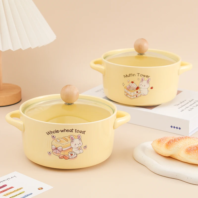 

Milk Yellow Paomian Bowl With Lid Student Dormitory Double Ear Soup Bowl Rice Bowl Large Household Ceramic Tableware