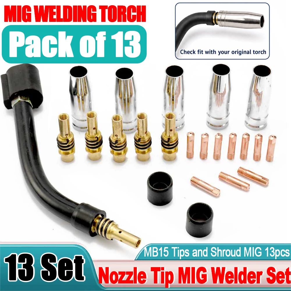 13PC 15AK Welding Torch Consumable Electrode Guard Cup Link Rod Tips Goose Neck Bend 0.8/1.0/1.2mm For MIG Welding Machine Tools