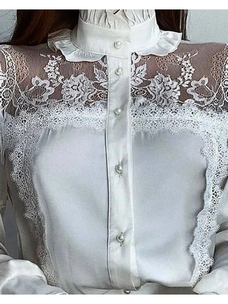 Spring Women Solid Lace Decoration Fungus Hem Mesh Button Long Lantern Sleeves Stand Collar Sweet White Blouses Lady Tops
