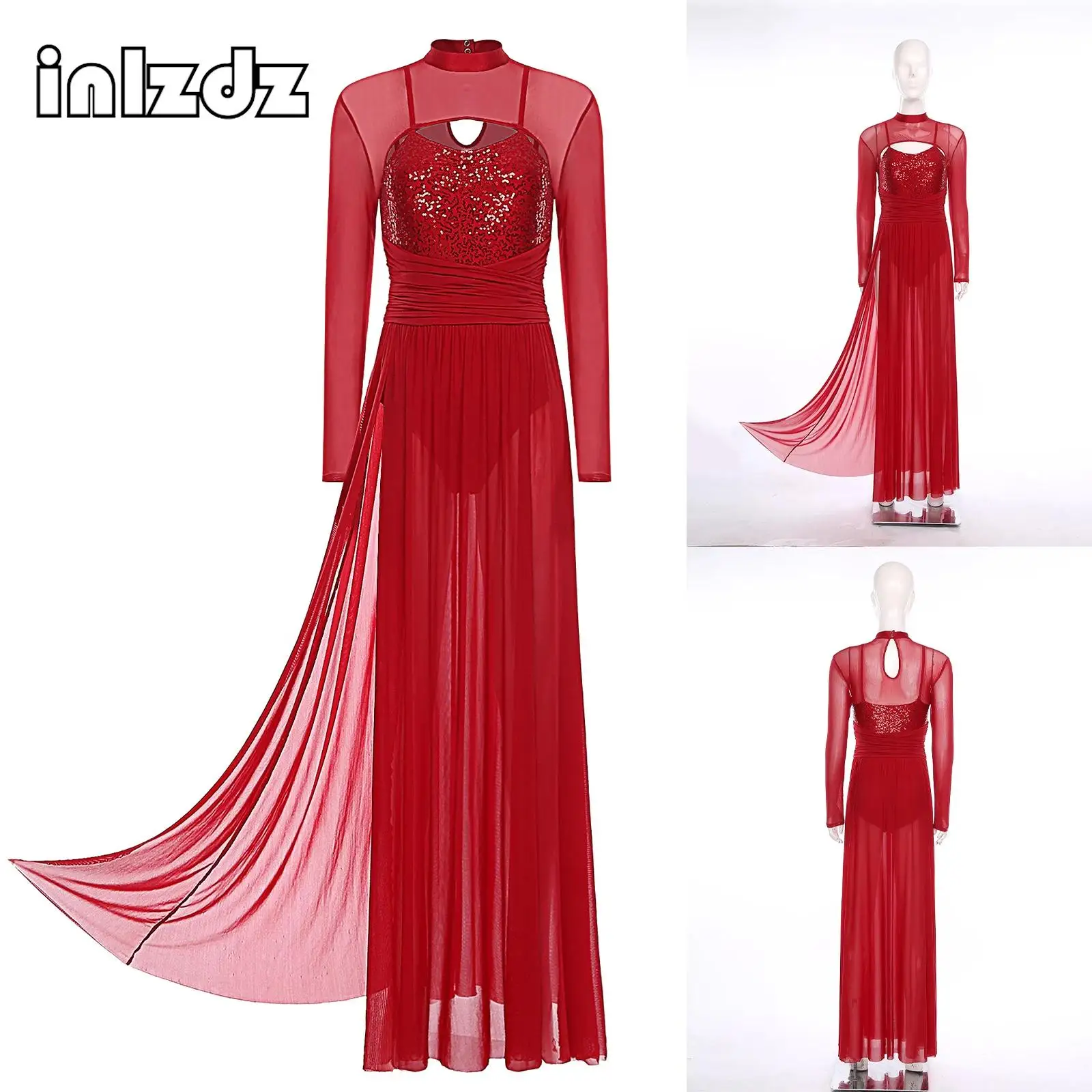 

Women Morden Lyrical Dance Costumes Sequin Long Sleeve Mesh Tulle Flowy Maxi Long Dress Built-In Briefs Contemporary Dancewear