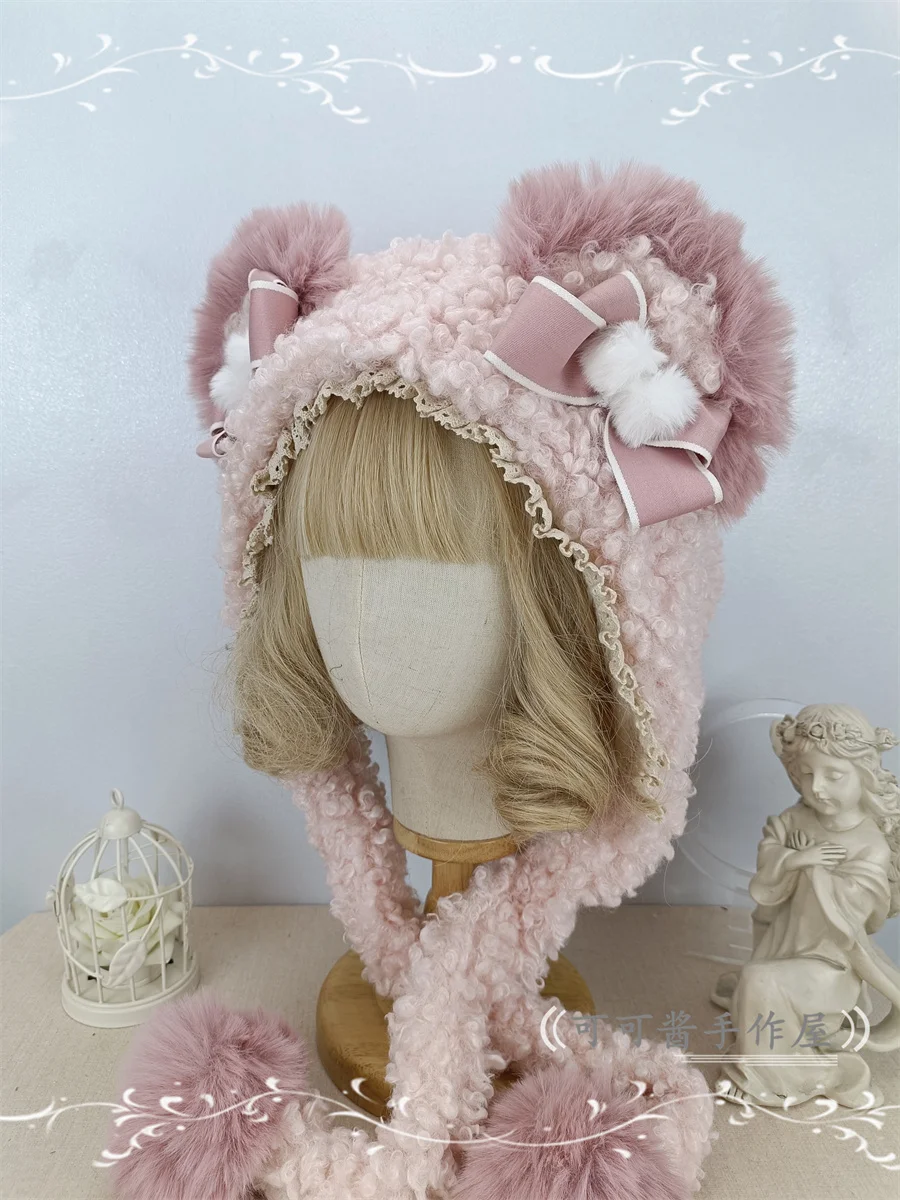 Original Bear Ears Ushanka Thickened Fleece Warm Earflaps Cap Cute Sweet Lolita Hat