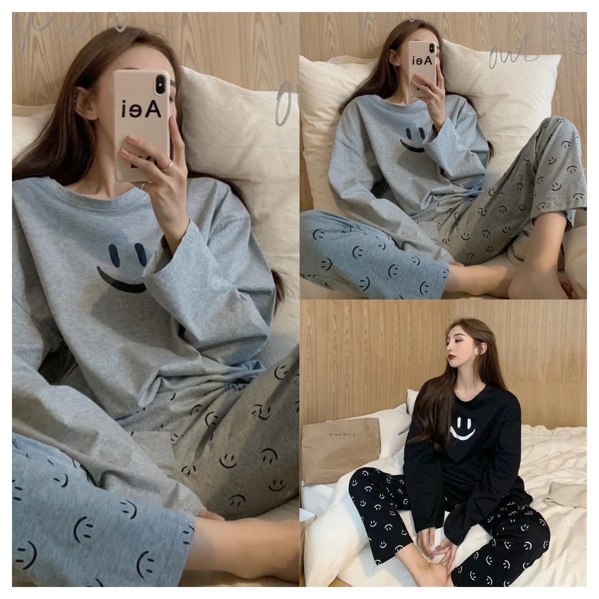 Autumn and Winter Pajamas Female Two-Piece Suit Long-Sleeved Smiley Students 2024 New Homewear