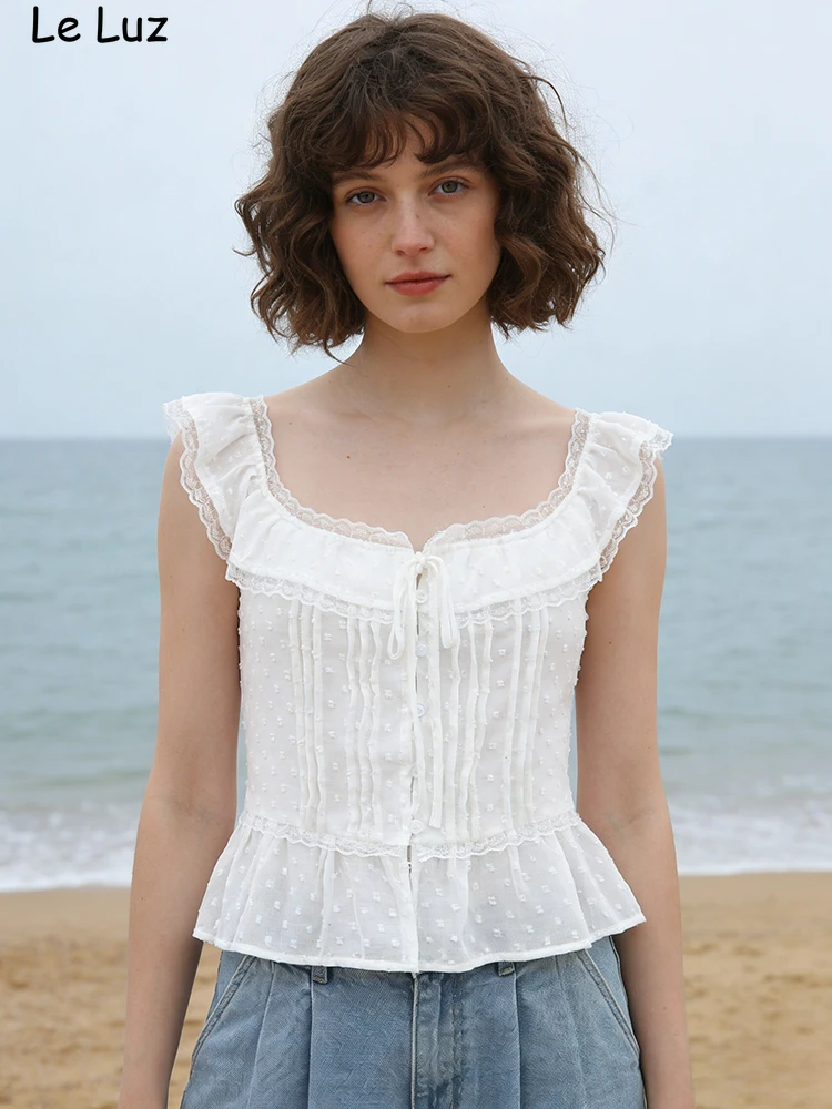 플로럴 시크 크롭 레이스 블라우스 셔츠 여성용 화이트 여름 봄 민소매 타이업 브이넥 섹시 캐주얼 휴가용 여성 셔츠 탑