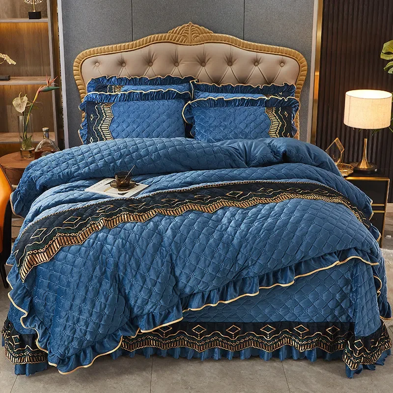 AI WINSURE-Quilted Velvet Duvet Cover Set, Queen King Double Bed, Winter Luxury, Lace Quilt Cover, with 2 Pillowcases Soft