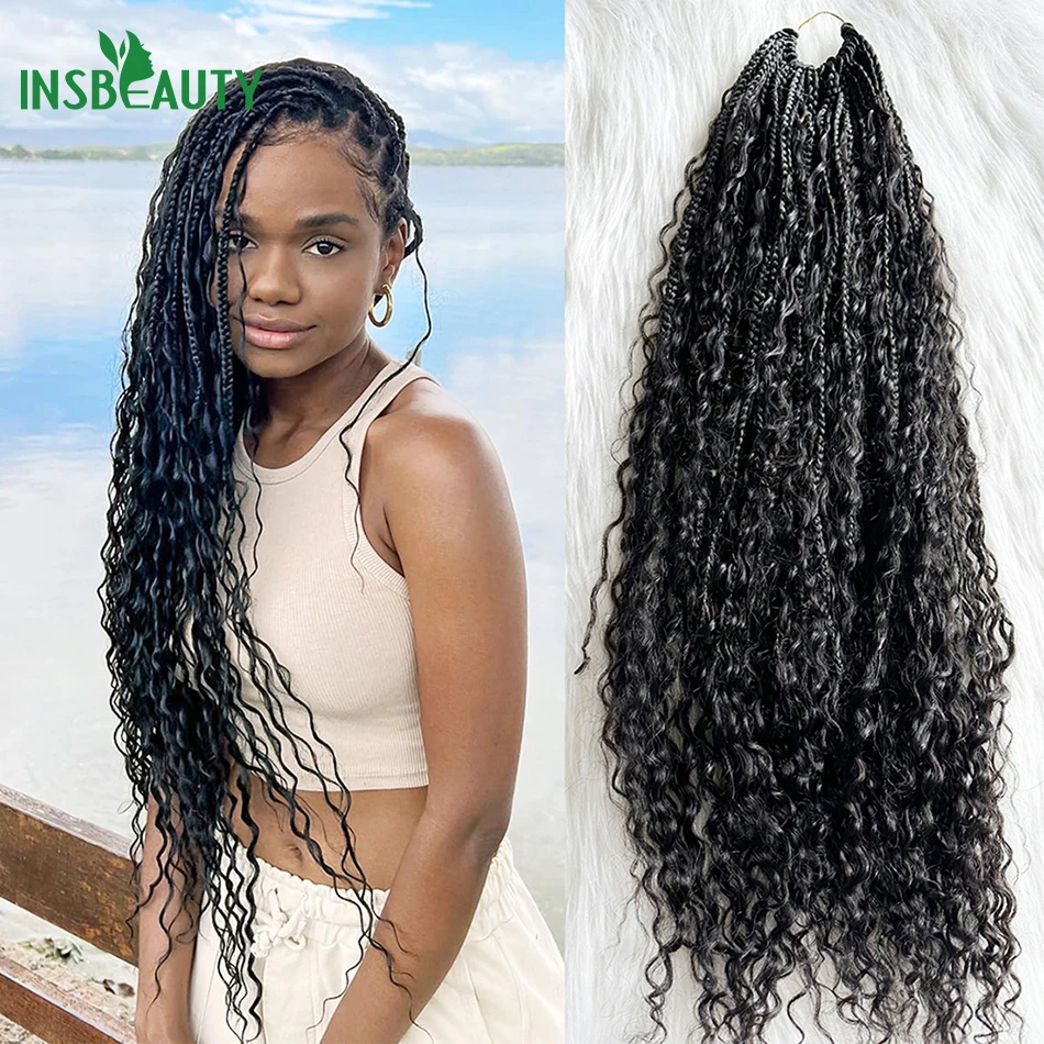 Goddess Boho Box Braids Crochet Human Hair With Curly Ends Synthetic Braid With Human Hair Curls Hair Natural Color 30 Inch