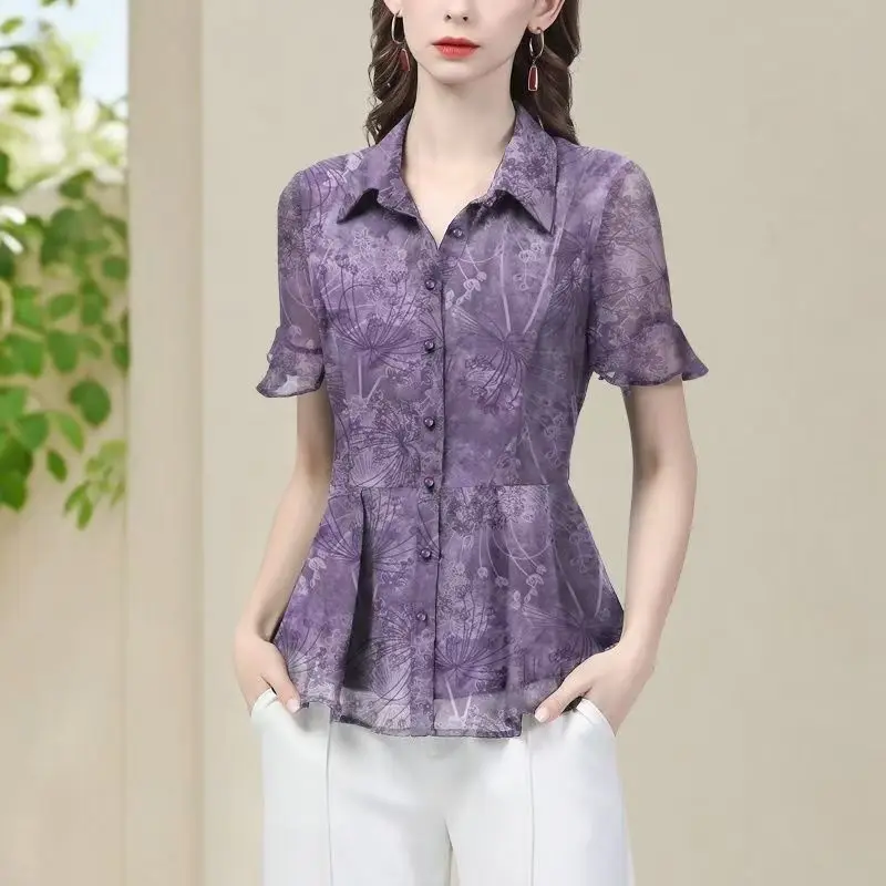 

Summer Short Sleeve Ruffles Tops Slim Cardigan Printed Shirt New Fashion Casual Women Chiffon Blouse