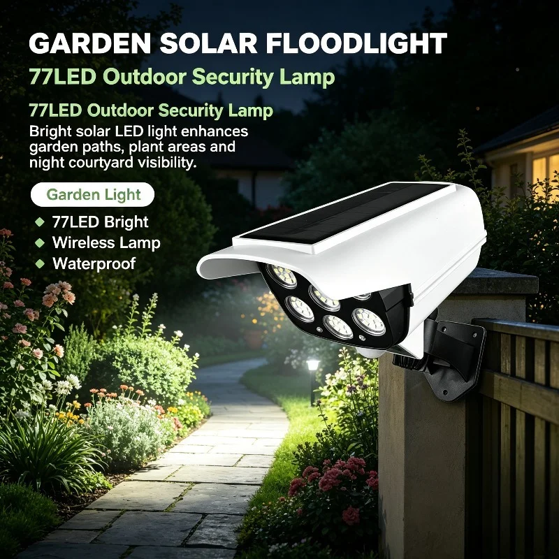 Solar Motion Sensor Security Light, White Camera Shaped 77 LED Wall Lamp for Outdoor Garage Garden Yard Entrance Lighting