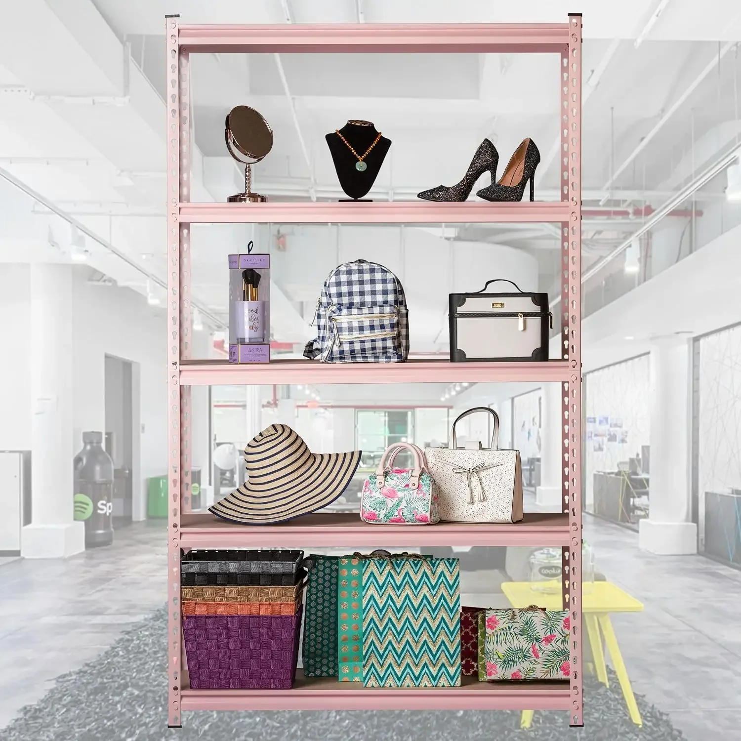 5-Tier Pink Steel Storage Rack Boltless Shelving Tier Height Adjustable 42