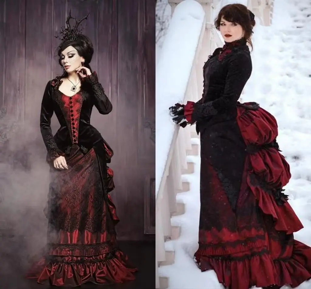 

Vintage Victorian Wedding Dress Black And Red Floral Bustle Ruched Corset Autumn Winter women Gothic Gown Customized